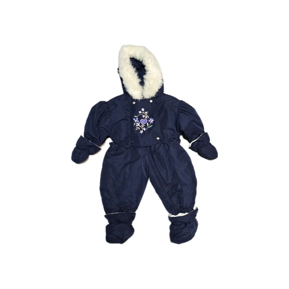 Pistachio Insulated Puffer Winter One Piece Snowsuit Girls 3-6 M Faux Fur Navy